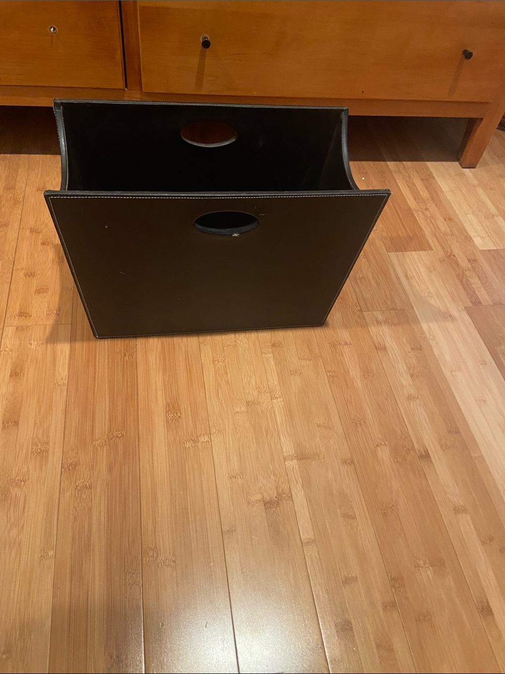 Brown  Faux Leather Storage Bin with Cutout Handles